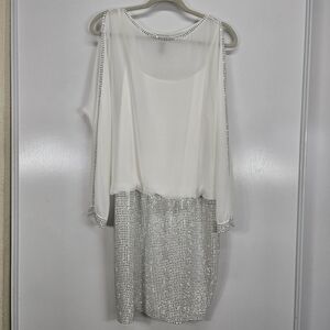 VTG Cache White Long Sleeve Silver Rhinestone Knee Length Dress Size 10 Cocktail